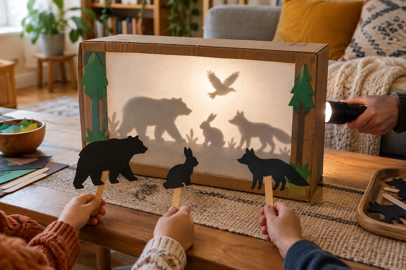 Petit théâtre d’ombres en carton avec des silhouettes d’animaux devant un écran translucide.